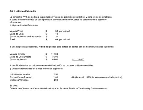 Práctica 002 Costos Estimados Act 1 Costos Estimados Hoja de