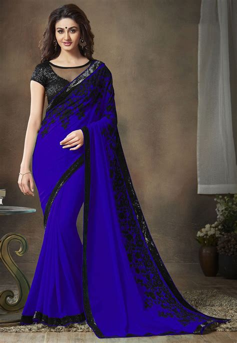 Embroidered Faux Georgette Saree In Royal Blue In 2021 Party Wear