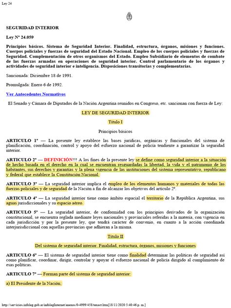 02 Ley Seguridad Interior 24059 Descargar Gratis Pdf Policía