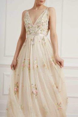 Needle Thread Petunia Floral Embroidered Maxi Gown Champagne