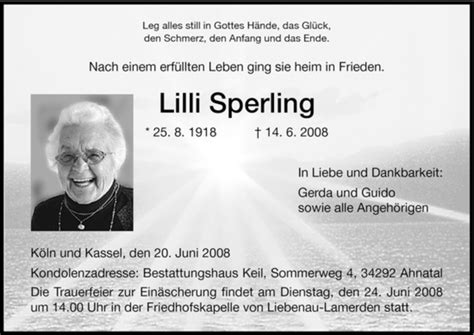 Traueranzeigen Von Lilli Sperling Trauer HNA De