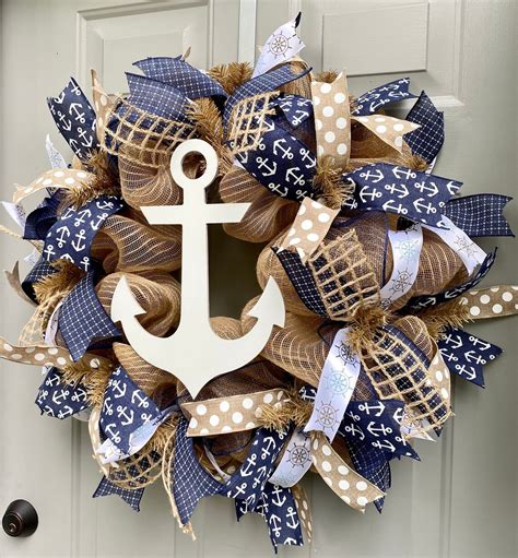 Anchor Nautical Burlap Deco Mesh Wreath With Navy Beach Etsy