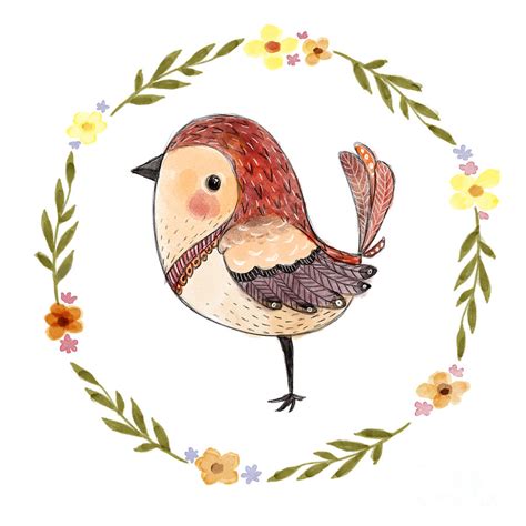 Cute Watercolor Bird With Floral Digital Art By Maria Sem Fine Art