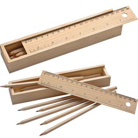 Wooden Sliding Lid Rectangular Pencil Box With Ruler And Pencils