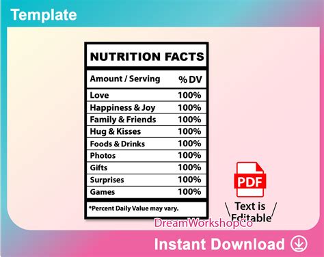 Editable Nutrition Facts Template Pdf Printable Etsy Uk