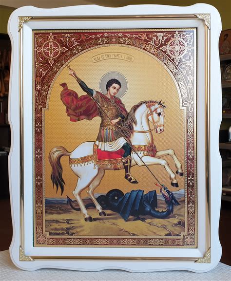 Икона Святой Георгий Победоносец в Белом Деревянном Фигурном Киоте с ...