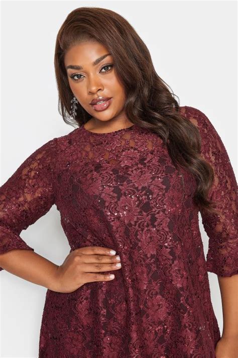 Yours Plus Size Burgundy Red Lace Sequin Embellished Swing Dress Yours Clothing