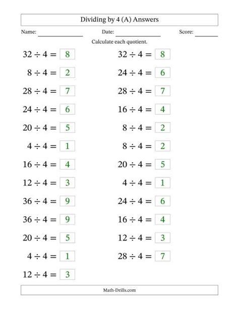 Horizontally Arranged Dividing By 4 With Quotients 1 To 9 25