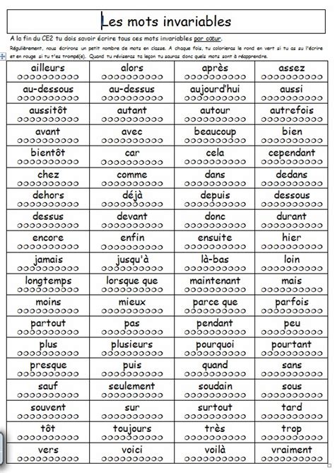 Mots Invariables Ce2 Mots invariables Ce2 Exercices corrigés