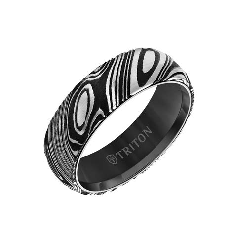 7MM Black Tungsten Carbide Ring with Damascus Steel - Big Diamond Importers