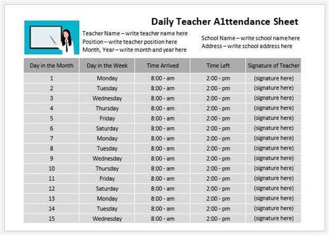 Teacher Attendance Sheet Template 04 - My Word Templates