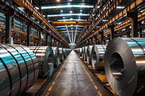 Premium Photo Illuminated Warehouse Aisle With Shiny Steel Rolls