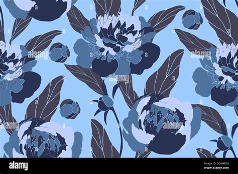 Vector Floral Seamless Pattern Blue Peonies Buds Brown Leaves Stock