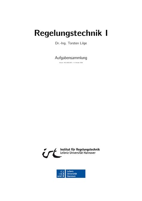 RTI Aufgabensammlung Regelungstechnik I Dr Ing Torsten Lilge