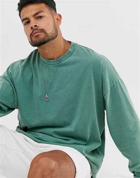 Asos Design Oversized Boxy Long Sleeve T Shirt In Green Acid Wash Asos