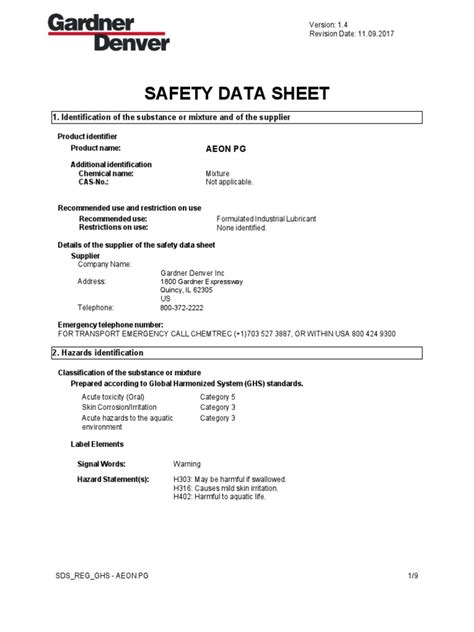 Aeon Pg Sds Pdf Personal Protective Equipment Toxicity