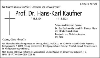 Traueranzeigen Von Hans Karl Kaufner Franken Gedenkt De