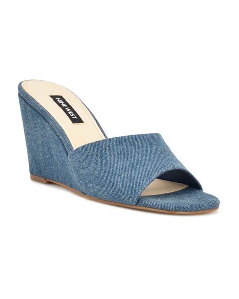 Nine West Nesa Square Toe Slide On Wedge Dress Sandals In Blue Lyst