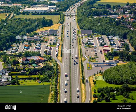 Aerial view, A2 motorway, motorway service area Rhynern, truck parking ...