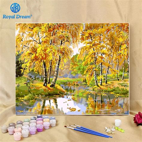 Landscape Oil Painting By Numbers on Canvas Autumn Tree Painting Hand ...