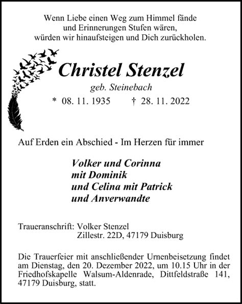 Traueranzeigen Von Christel Stenzel Trauer In Nrw De