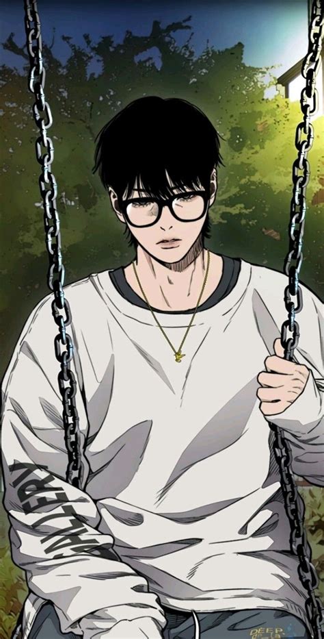 An Anime Character Sitting On A Swing With His Hands In His Pockets And