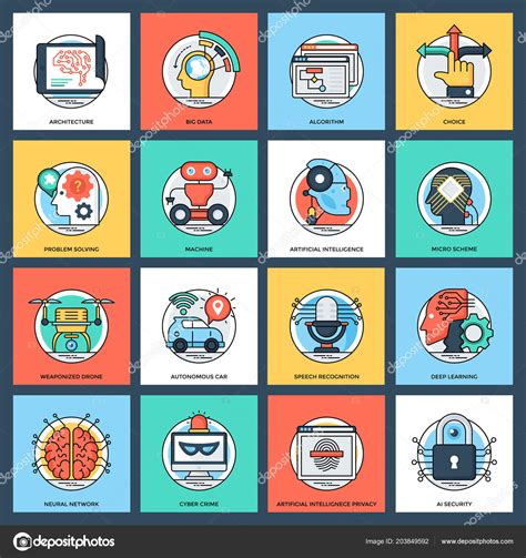 Conjunto Iconos Vectores Planos Inteligencia Artificial Ilustración de