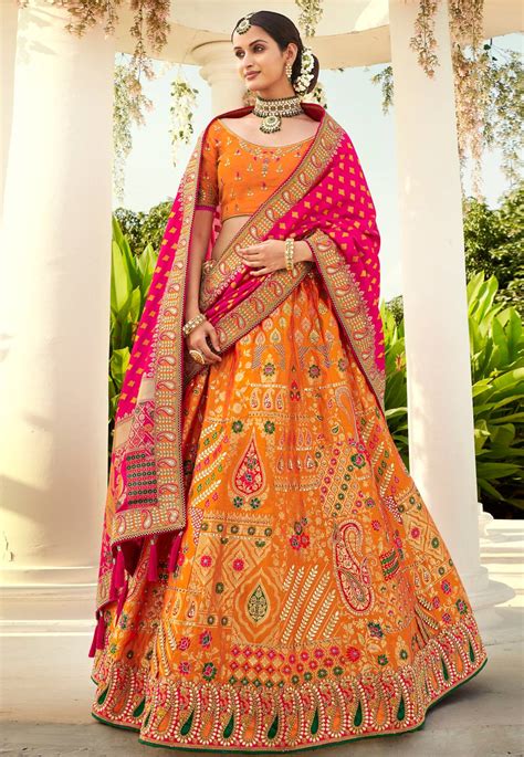 Orange Banarasi Silk Patola Lehenga Choli