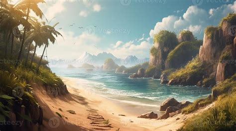 Beach Fantasy Backdrop Concept Art Realistic Illustration Background ...