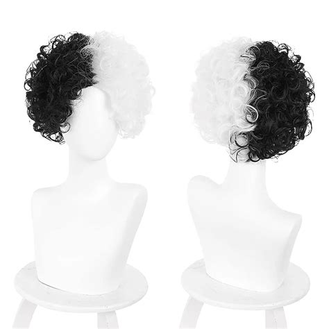 2021 Cruella Deville Wig Half Black And White Wigs Short Curly Wavy Bob Hair Women Girl Role