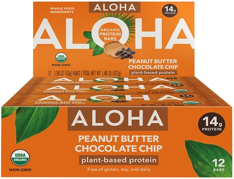 Aloha Organic Plant Based Protein Bar Peanut Butter Chocolate Chip 14g Protein 12 Ct