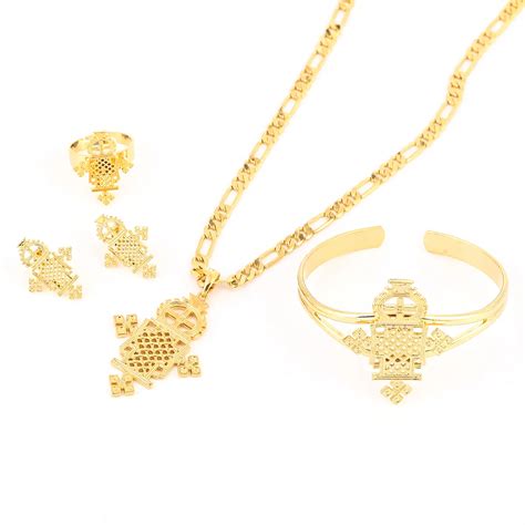 New Ethiopian Cross Jewelry Pendant Necklace Earrings Bangle Ring Set