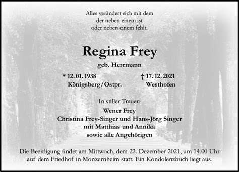 Traueranzeigen Von Regina Frey Vrm Trauer De