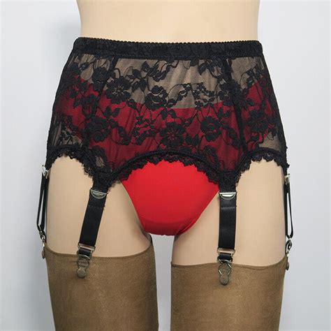 Allacki Black Floral Lace Garter Belt 4 Straps Suspender Belt Plus Size