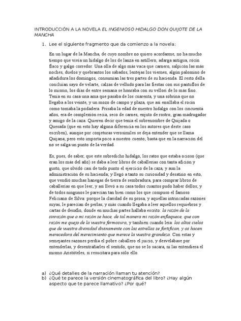 PDF Introducción a La Novela El Ingenioso Hidalgo Don Quijote de La