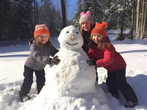 Premium AI Image | Kids building a snowman in winter day