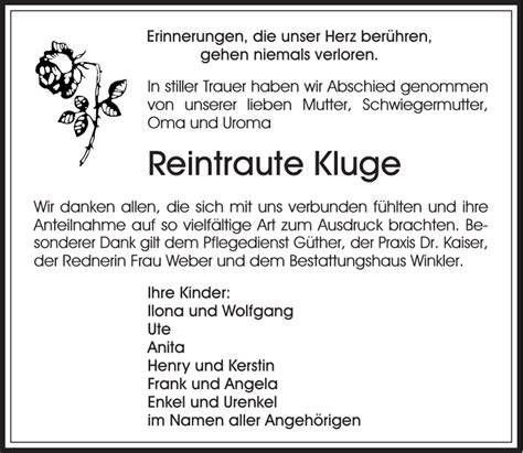 Reintraute Kluge Traueranzeige S Chsische Zeitung