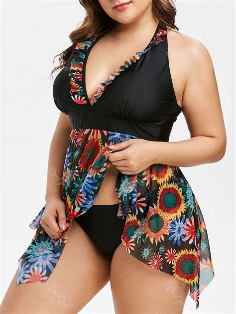 [48 Off] Plus Size Sunflower Asymmetrical Open Back Tankini Set Rosegal