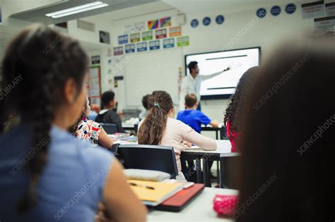 Students Watching Teacher Give Lesson At Projection Screen Stock