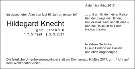 Traueranzeigen Von Hildegard Knecht Ostalbtrauer