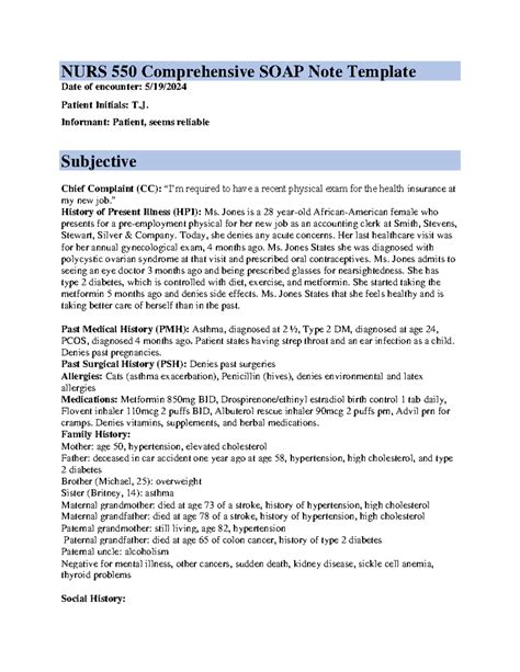 T J Comprehensive Soap Note Nurs 550 Comprehensive Soap Note Template Date Of Encounter 5 1