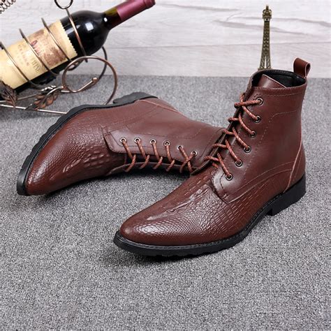 Lace Up Booties Brown Motorcycle Cowboy Boots Brand Formal Men Dress