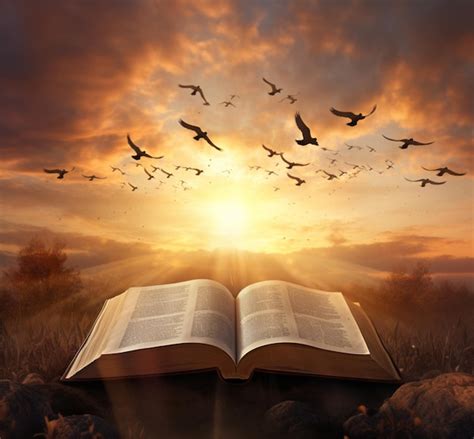 Premium Ai Image Open Bible With Cross At Sunset With Birds