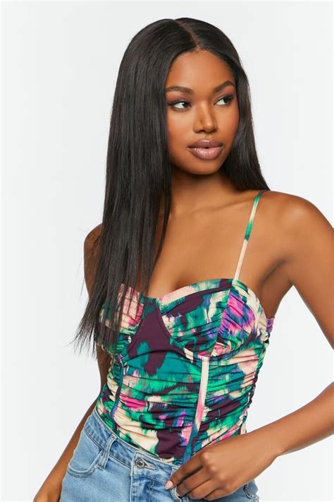 Forever 21 Mesh Watercolor Ruched Bodysuit Plum Multi Forever21usa