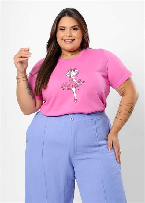 T Shirt Plus Size Bailarina Vestido Strass Rosa Lavanda Atacado