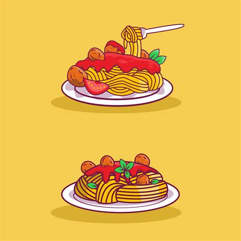 Illustration Of Spaghetti And Meatballs With Tomatto Sauce And Fork