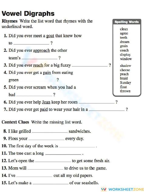 Vowel Digraphs Worksheets Vowel Digraphs Chart Vowel Pairs