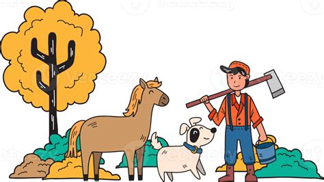 Hand Drawn Male Farmer Standing In Farm With Horse And Dog Illustration