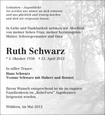 Traueranzeigen Von Ruth Schwarz Trauerundgedenken De