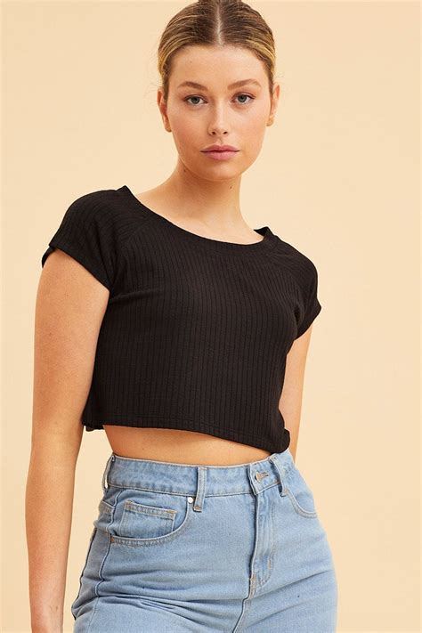 Black Cropped T Shirt Wide Rib Crew Neck Short Sleeve Ally Fashion